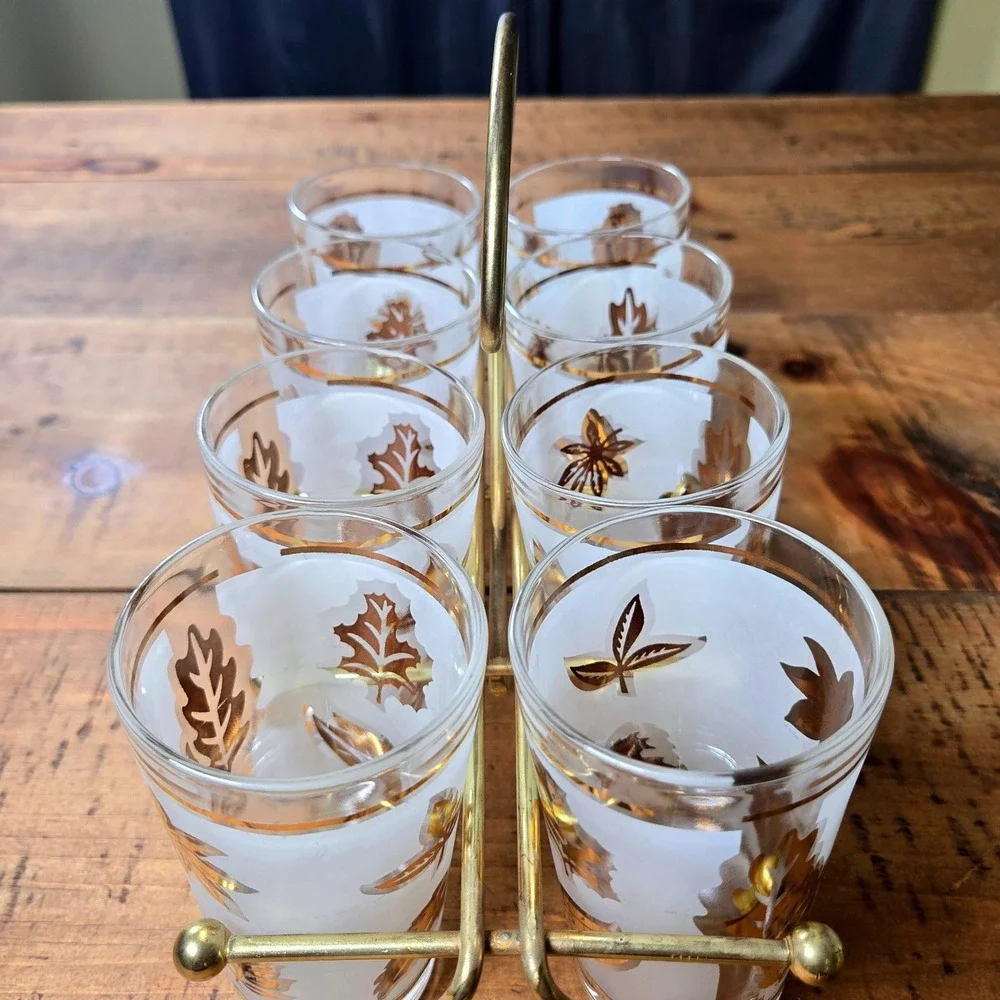 Vintage Libbey Golden Foliage Frosted Highball Glasses Set of 8 Brass Caddy MCM